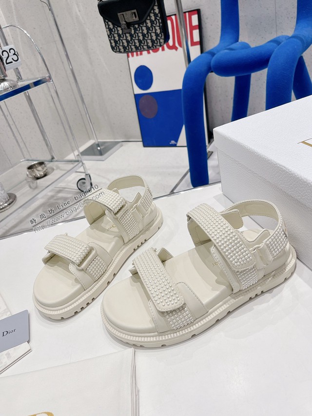 Dior迪奧2022新款新色系魔術貼涼鞋原版複刻珍珠款沙灘涼鞋女士涼鞋 dx3080
